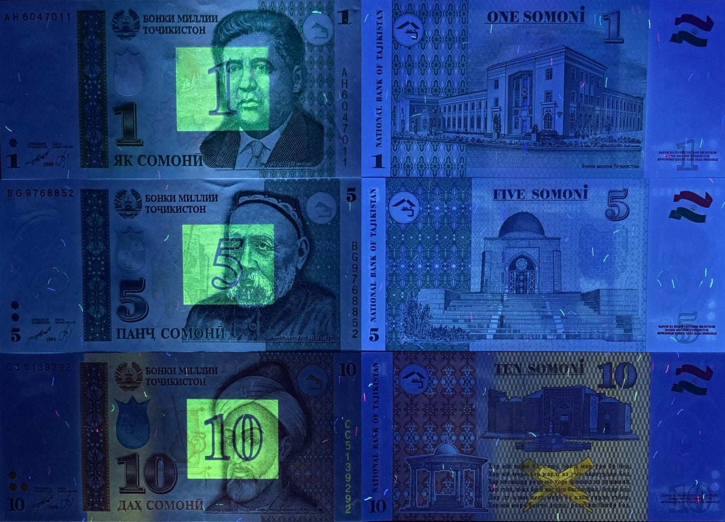 Tajikistan 1 5 10 Somoni 1999 P 14a 15a(1) 16a UNC Set 3 pcs