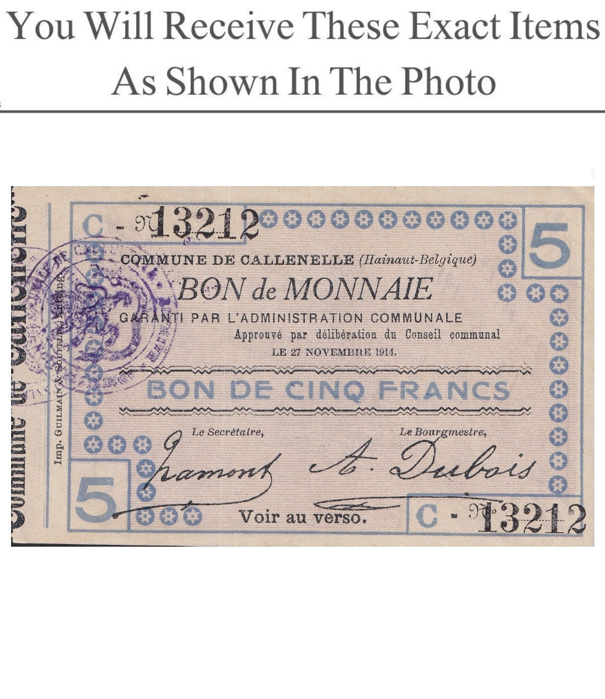 Belgium Notgeld CALLENELLE 5 Francs 1914