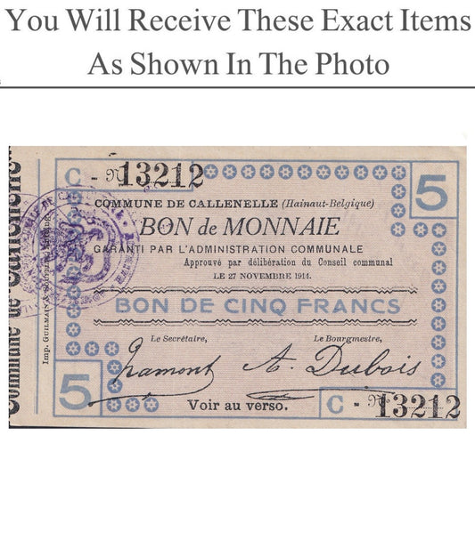 Belgium Notgeld CALLENELLE 5 Francs 1914