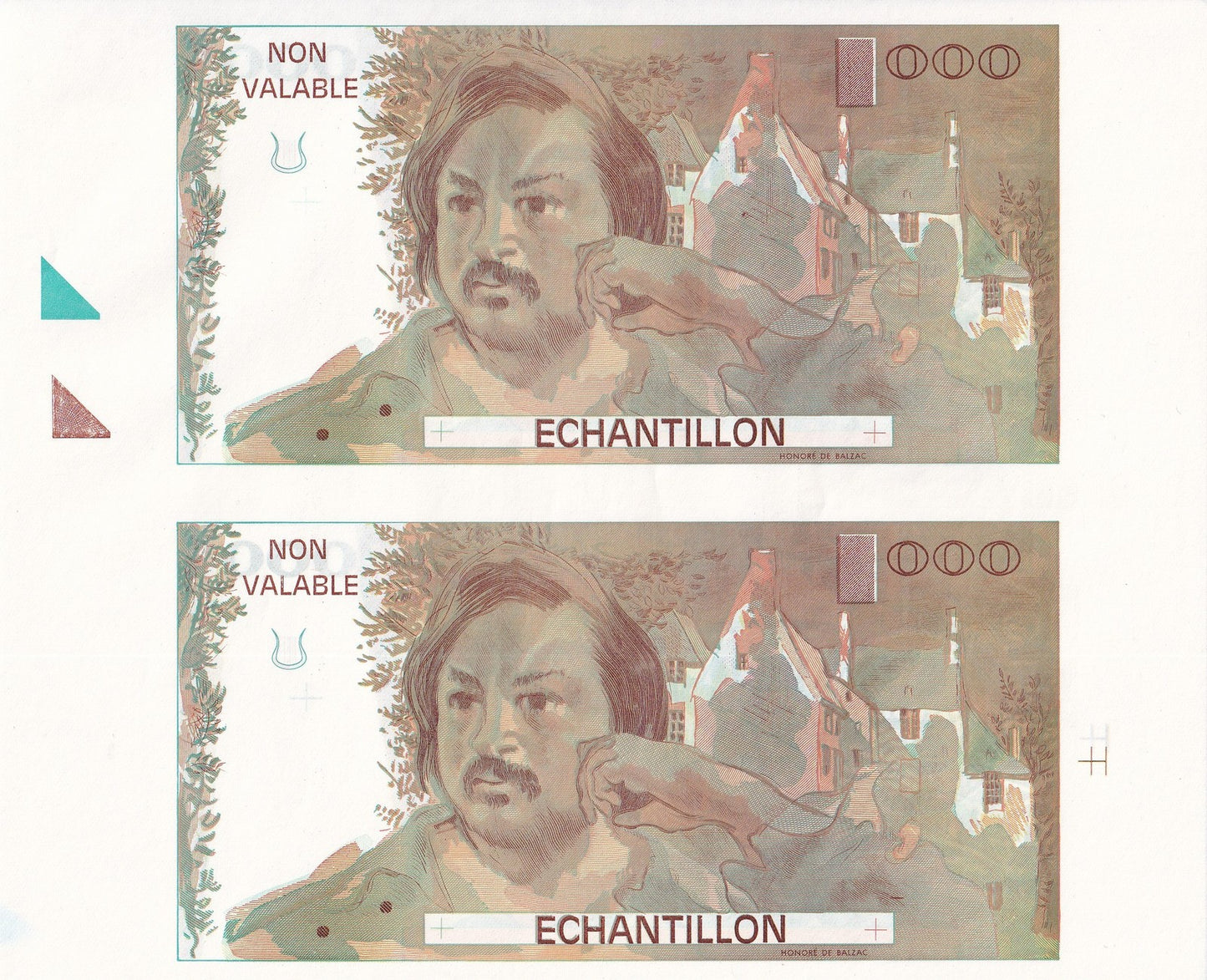 France Francs Balzac 000 Units 1980 UNC Test Note UNCUT 2 IN 1