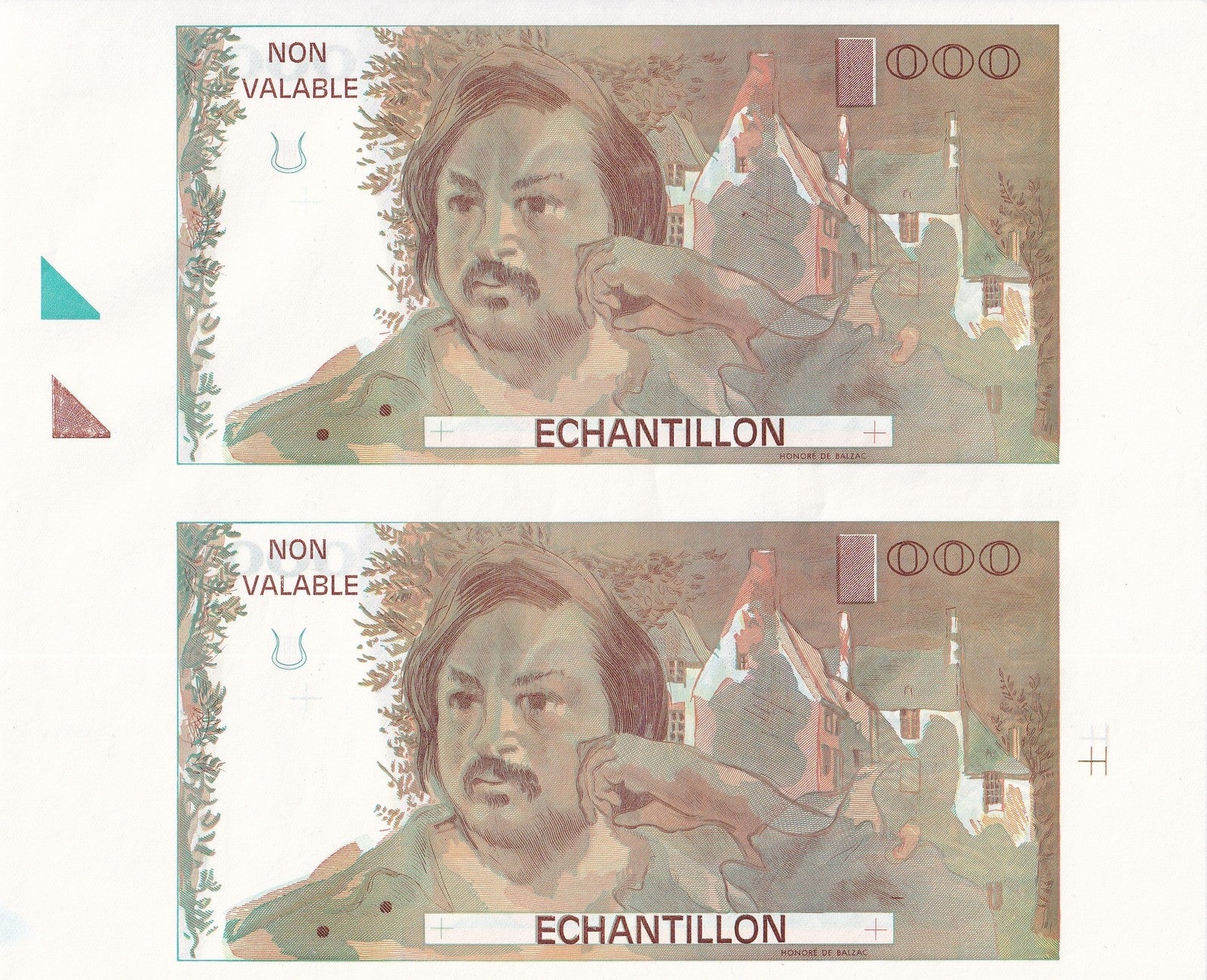 France Francs Balzac 000 Units 1980 UNC Test Note UNCUT 2 IN 1