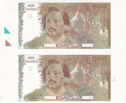 France Francs Balzac 000 Units 1980 UNC Test Note UNCUT 2 IN 1