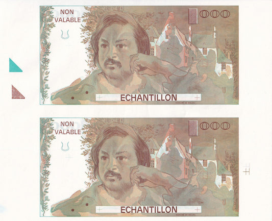 France Francs Balzac 000 Units 1980 UNC Test Note UNCUT 2 IN 1