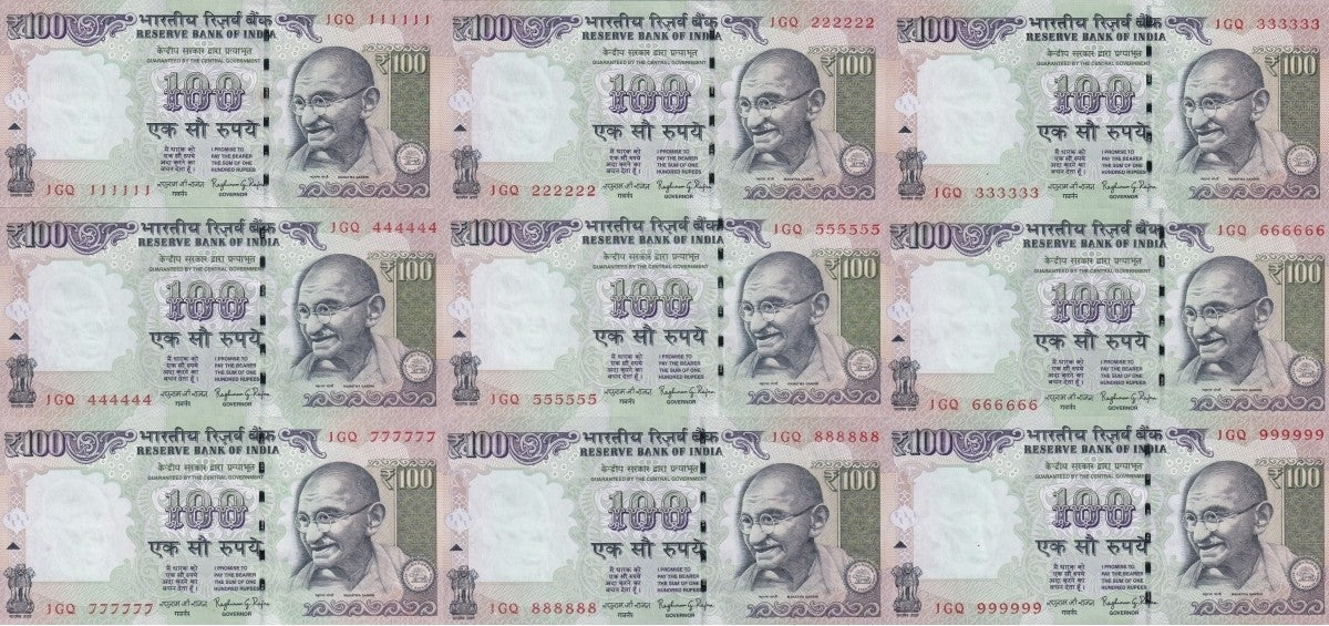 India 100 Rupees 2014 P 105 UNC Set 9 pcs MINOR FOXING Match Prefix SOLID 1-9