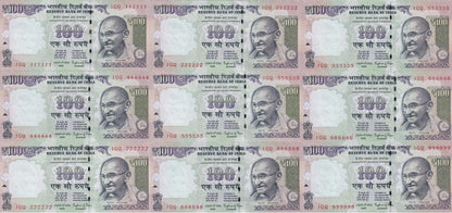 India 100 Rupees 2014 P 105 UNC Set 9 pcs MINOR FOXING Match Prefix SOLID 1-9