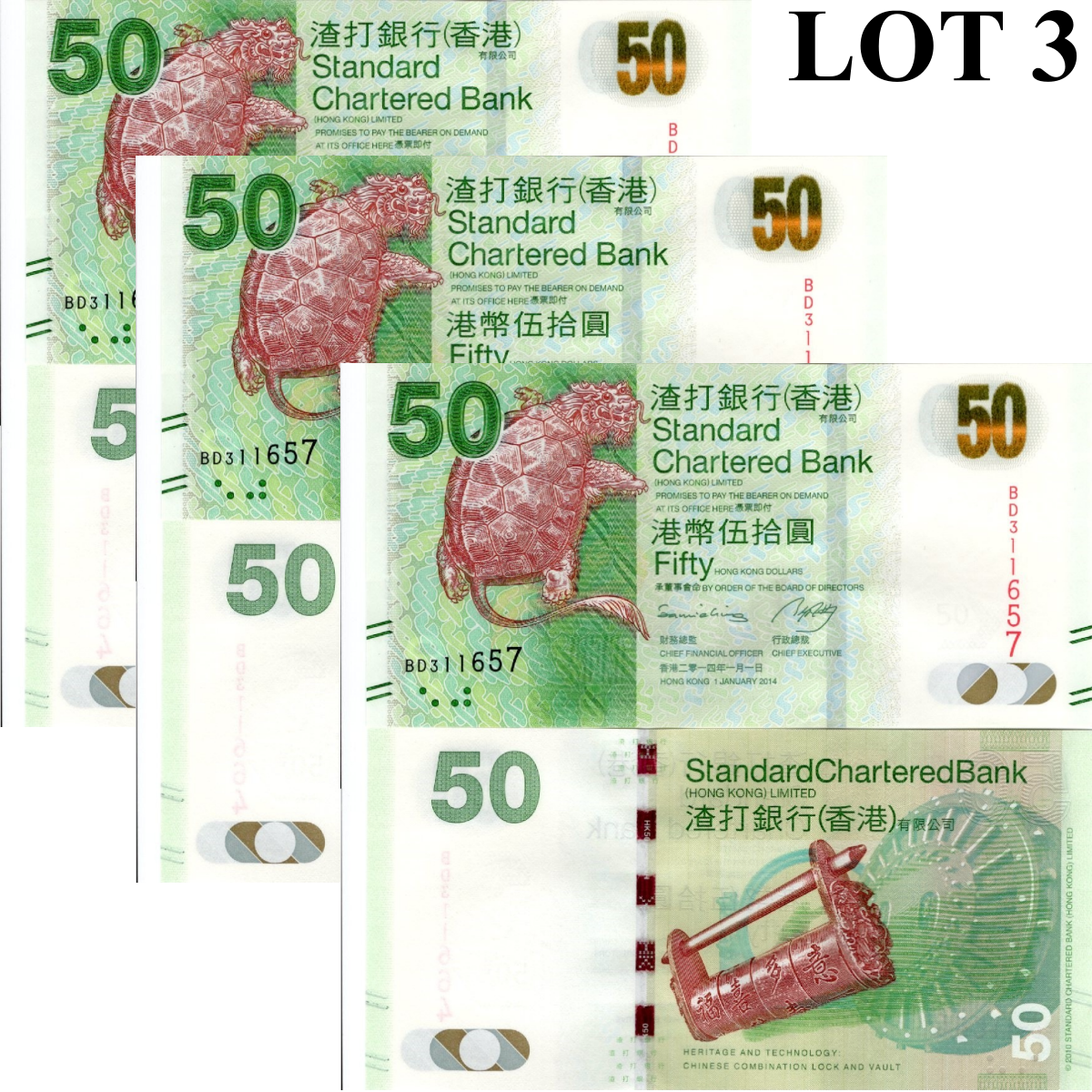 Hong Kong 50 Dollars 2014 P 298d UNC SCB Lot 3 pcs