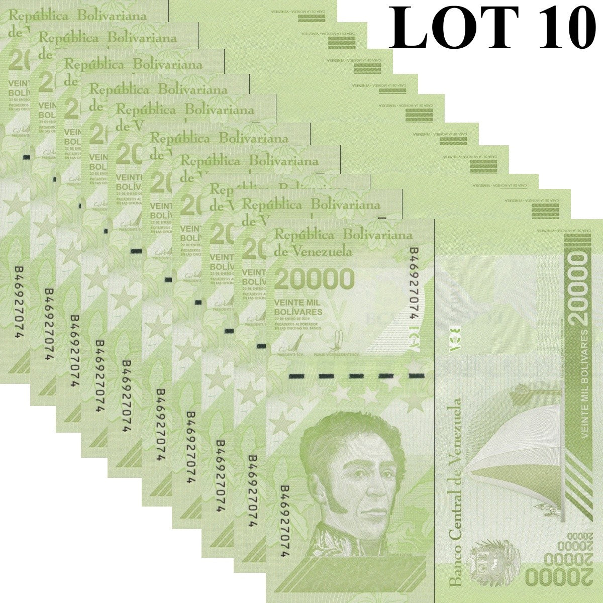 Venezuela 20000 2019 P 110(2) Narrow Security Thread Lot 10 pcs 1/10 Bundle UNC