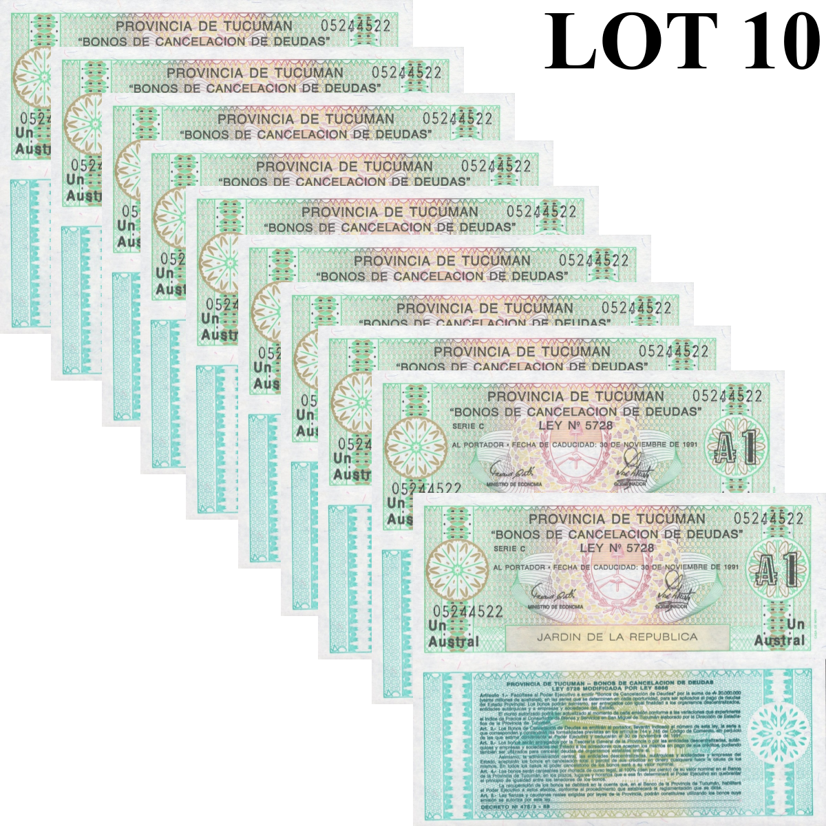 Argentina 1 Austral 1991 P S2711 UNC 1/10 Bundle Lot 10 pcs