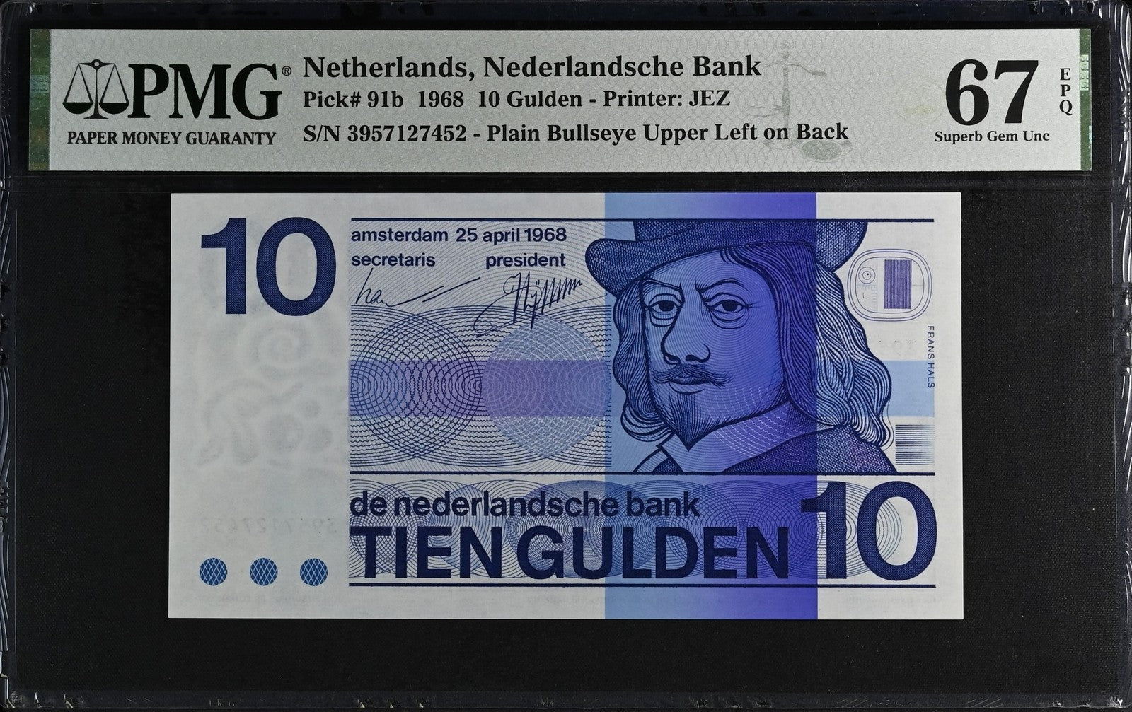 Netherlands Nederlandsche Bank 10 Gulden 1968 P 91b UNC PMG 67 EPQ