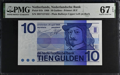 Netherlands Nederlandsche Bank 10 Gulden 1968 P 91b UNC PMG 67 EPQ