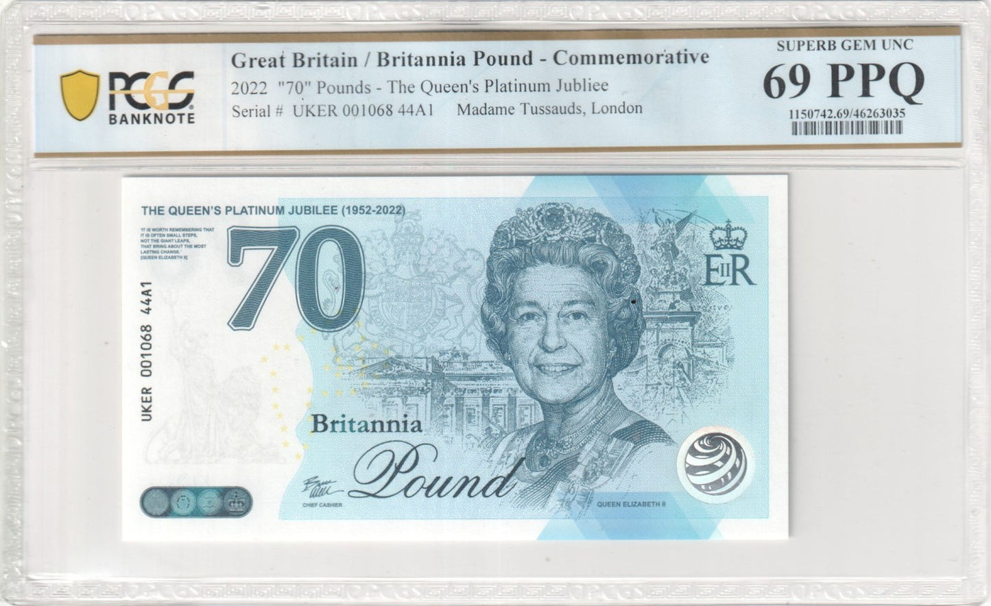 Great Britain COMM. Test Note 70 Pounds 2022 Queen 70th UNC PCGS 69 PPQ