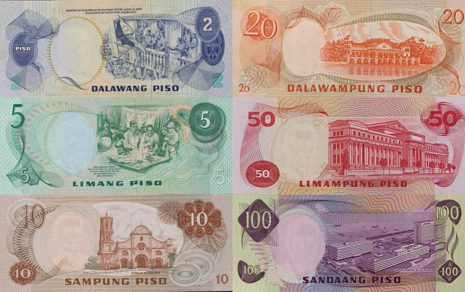 Philippines 2 5-100 Piso ND 1970-78 P 152 154 160d-164b UNC MINOR FOXING Set 6 p