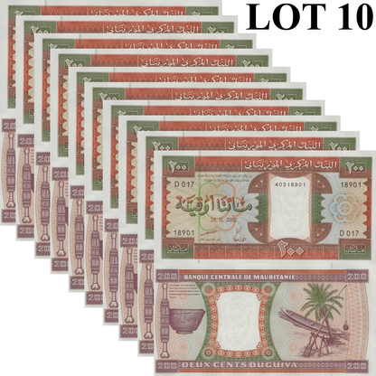 Mauritania 200 Ouguiya 2002 P 5j UNC 1/10 Bundle Lot 10 pcs