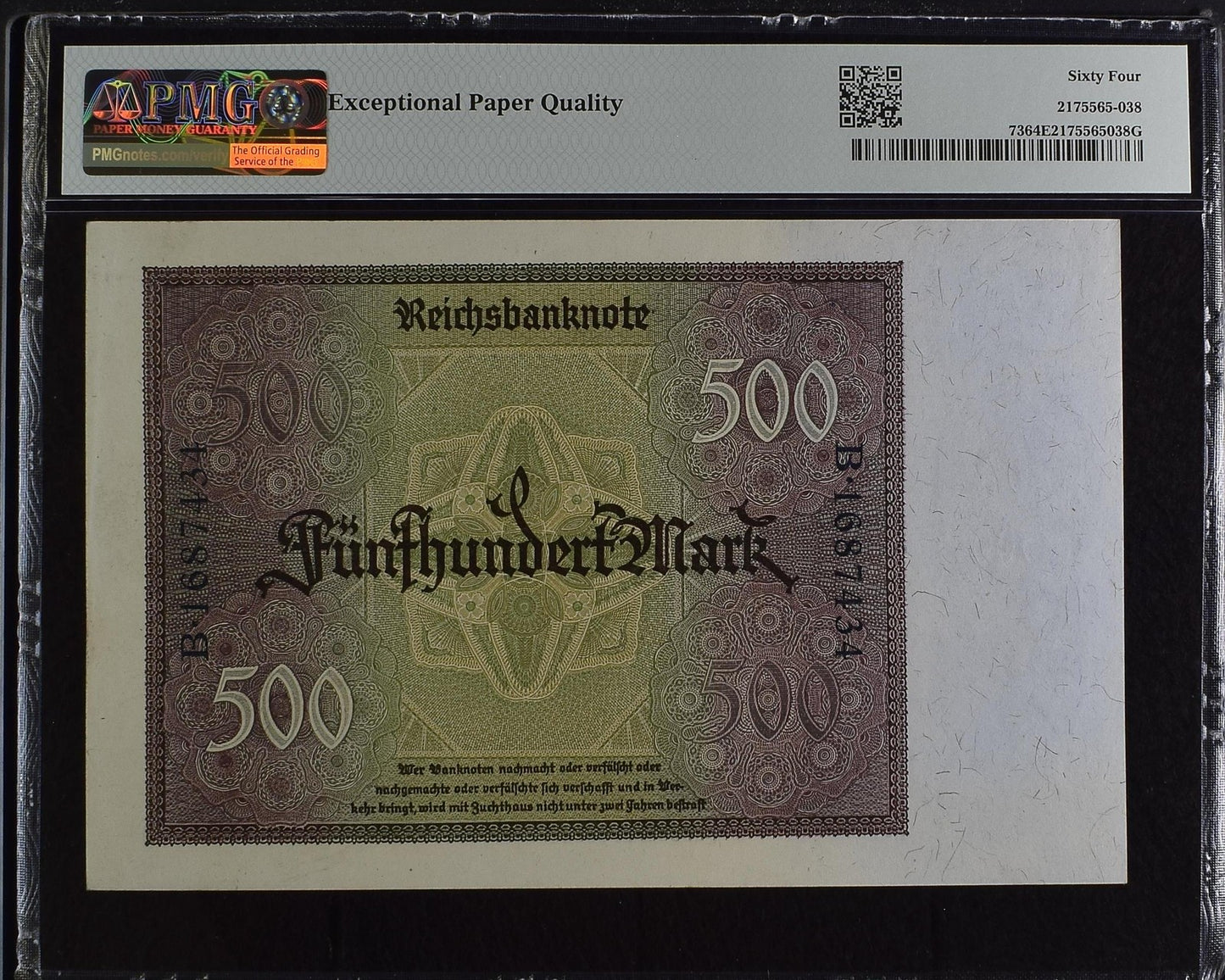 Germany Republic Treasury Note 500 Mark 1922 P 73 UNC PMG 64 EPQ