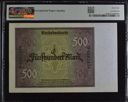 Germany Republic Treasury Note 500 Mark 1922 P 73 UNC PMG 64 EPQ