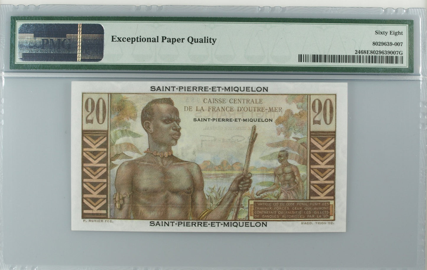 Saint Pierre Miquelon 20 Francs ND (1950-60) P 24 UNC PMG 68 EPQ 2nd TOP POP