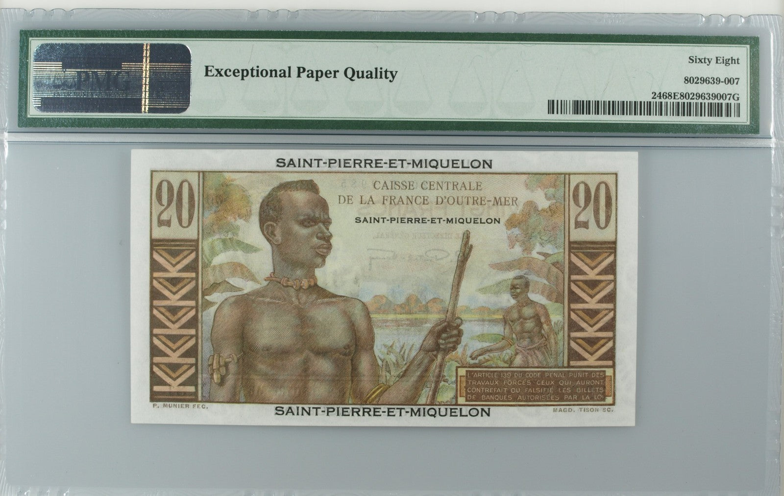 Saint Pierre Miquelon 20 Francs ND (1950-60) P 24 UNC PMG 68 EPQ 2nd TOP POP