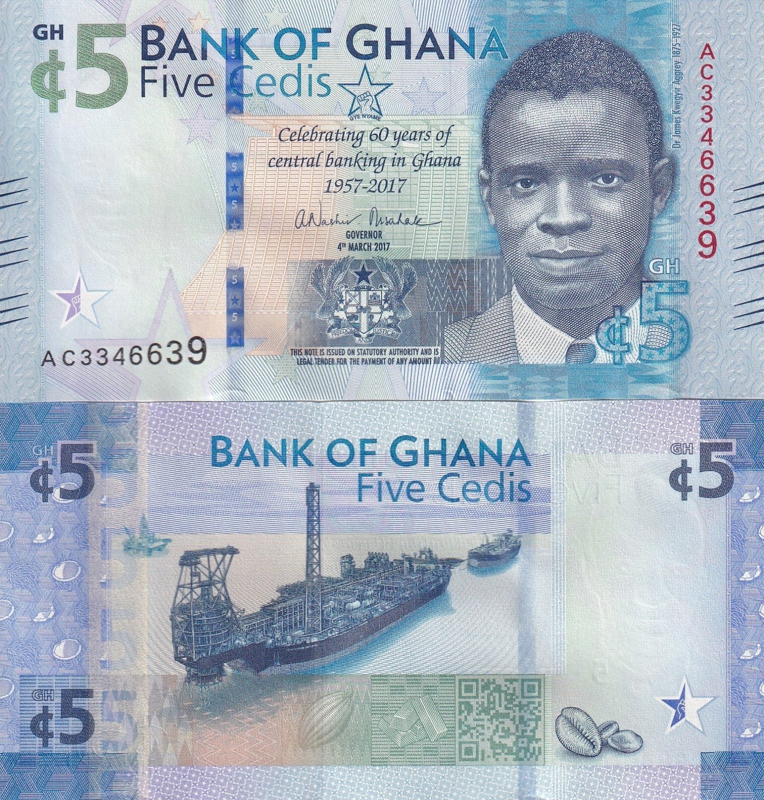 Ghana 5 Cedis 2017 P 43 UNC Commemorative