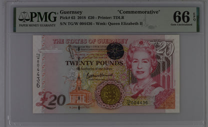 Guernsey Commemorative 20 Pounds 2018 P 63 LOW S/N 004436 UNC PMG 66 EPQ