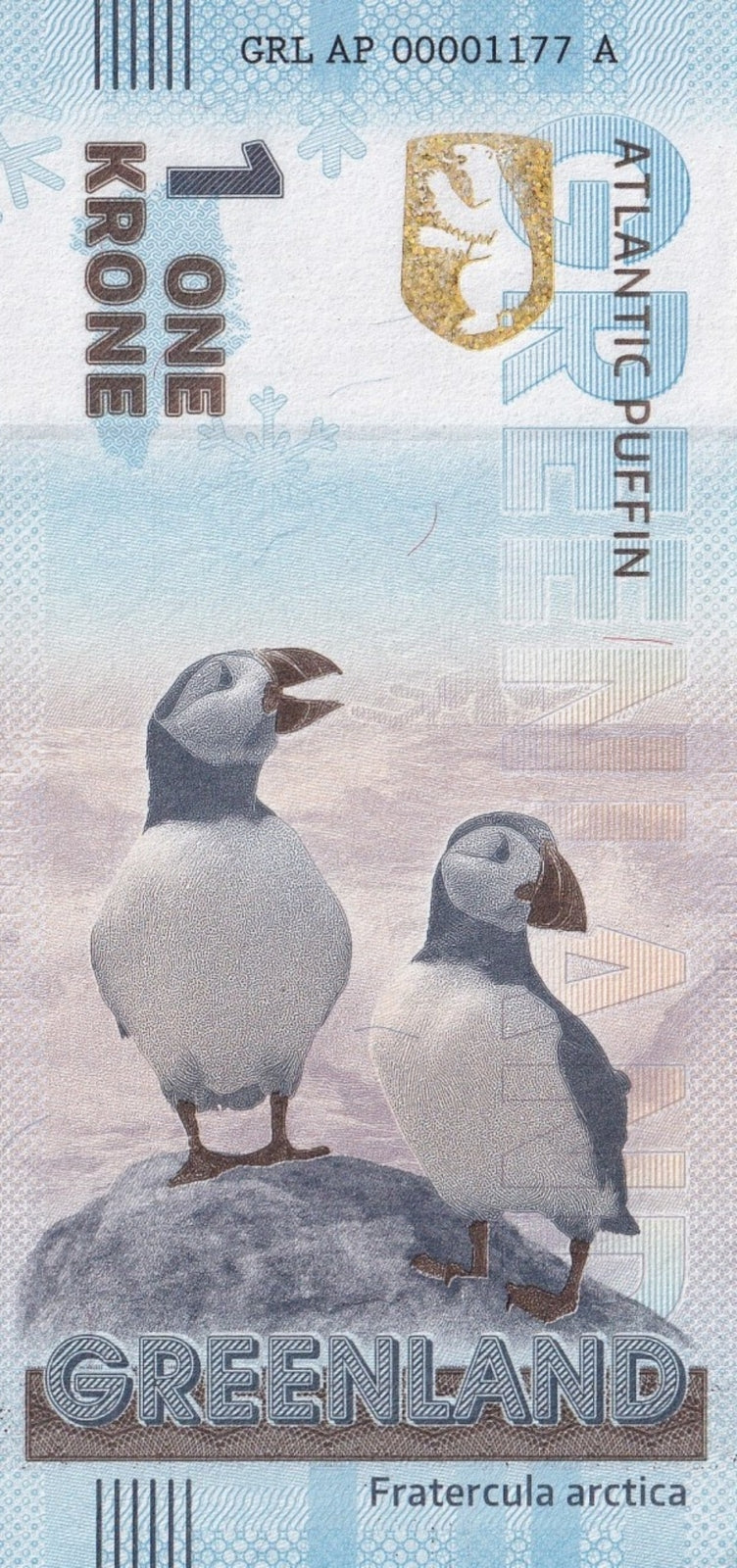 Greenland Souvenir Note 1 Krone Atlantic Puffin UNC Test Note