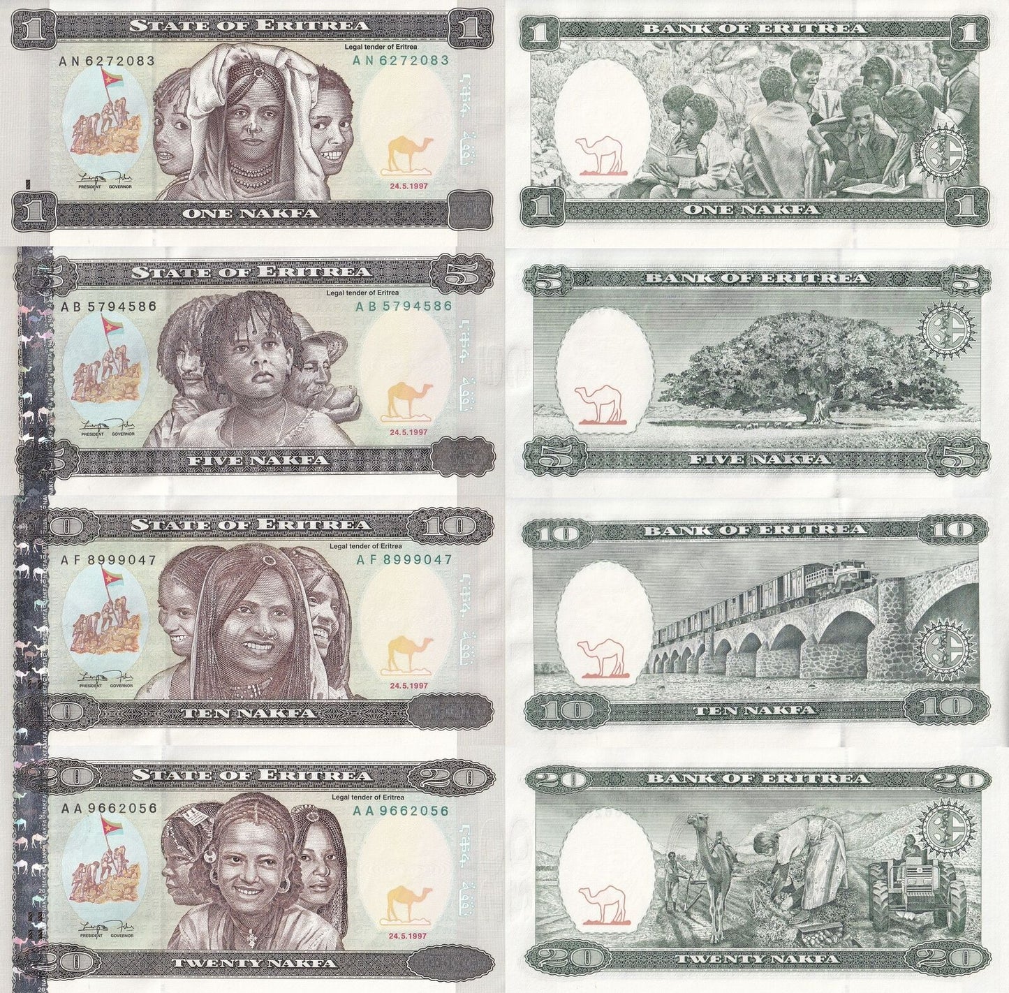 Eritrea 1 5 10 20 Nakfa 1997 P 1 2 3 4 UNC Set 4 pcs