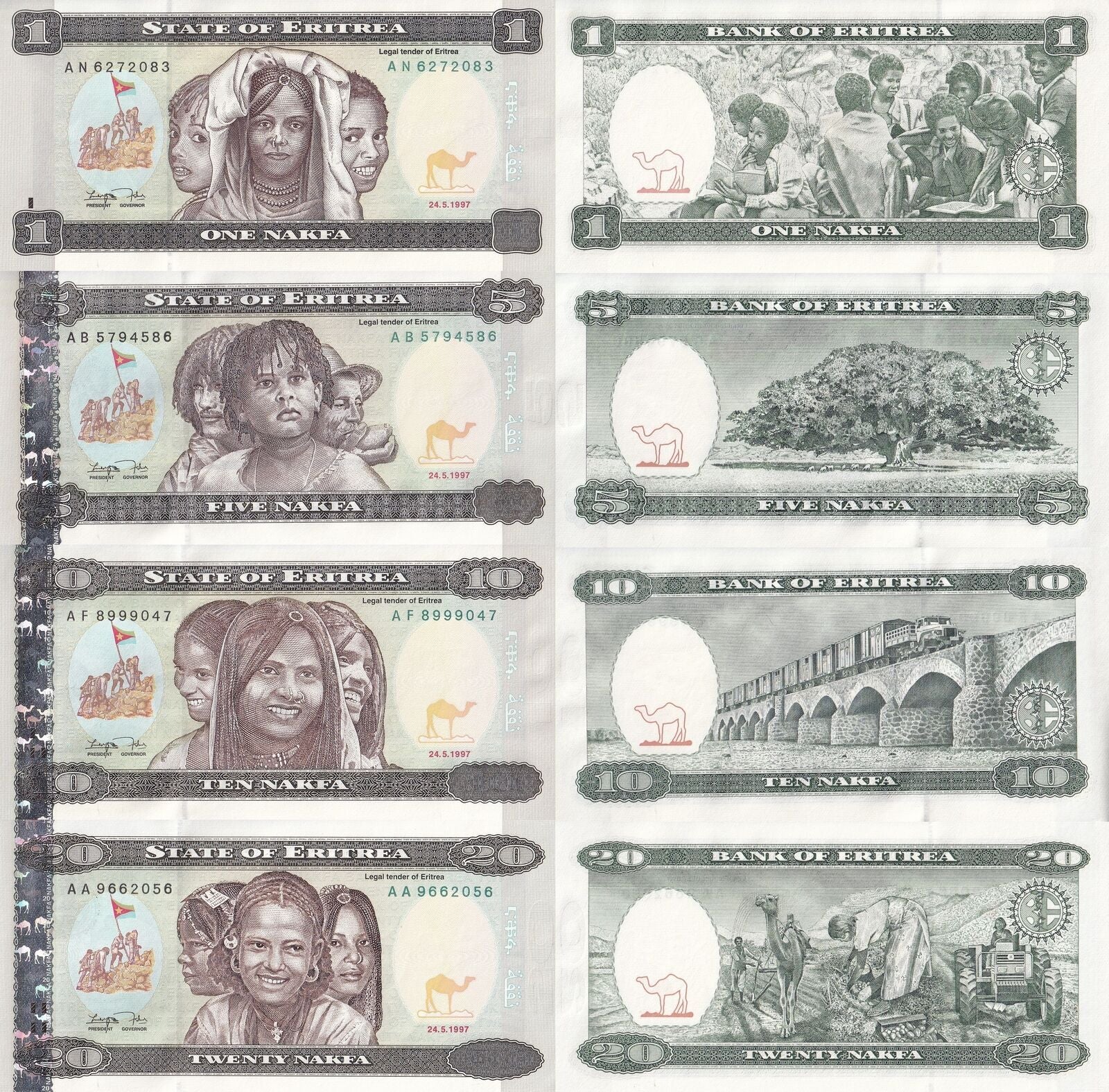 Eritrea 1 5 10 20 Nakfa 1997 P 1 2 3 4 UNC Set 4 pcs