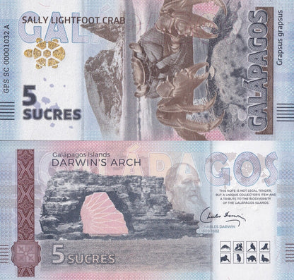 Galapagos Souvenir Note 5 Sucres Sally Lightfoot Crab UNC Test Note