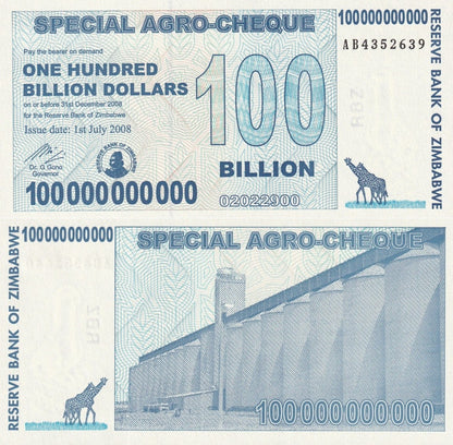 Zimbabwe 100 Billion Dorllars 2008 P 64 UNC