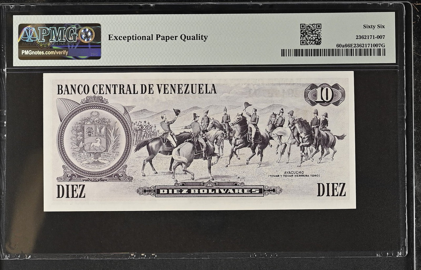 Venezuela 10 Bolívares 1981 P 60a 7 or 8 Digit S/N UNC PMG 66 EPQ 3rd TOP POP