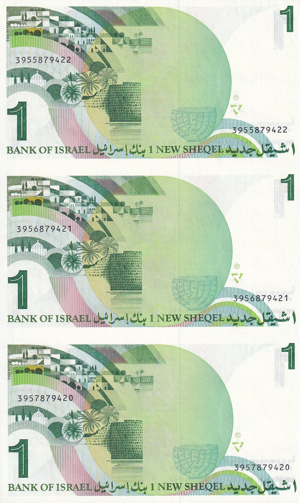 Israel 1 New Sheqel 1986 P 51A UNC Banknote Sheet UNCUT 3 IN 1