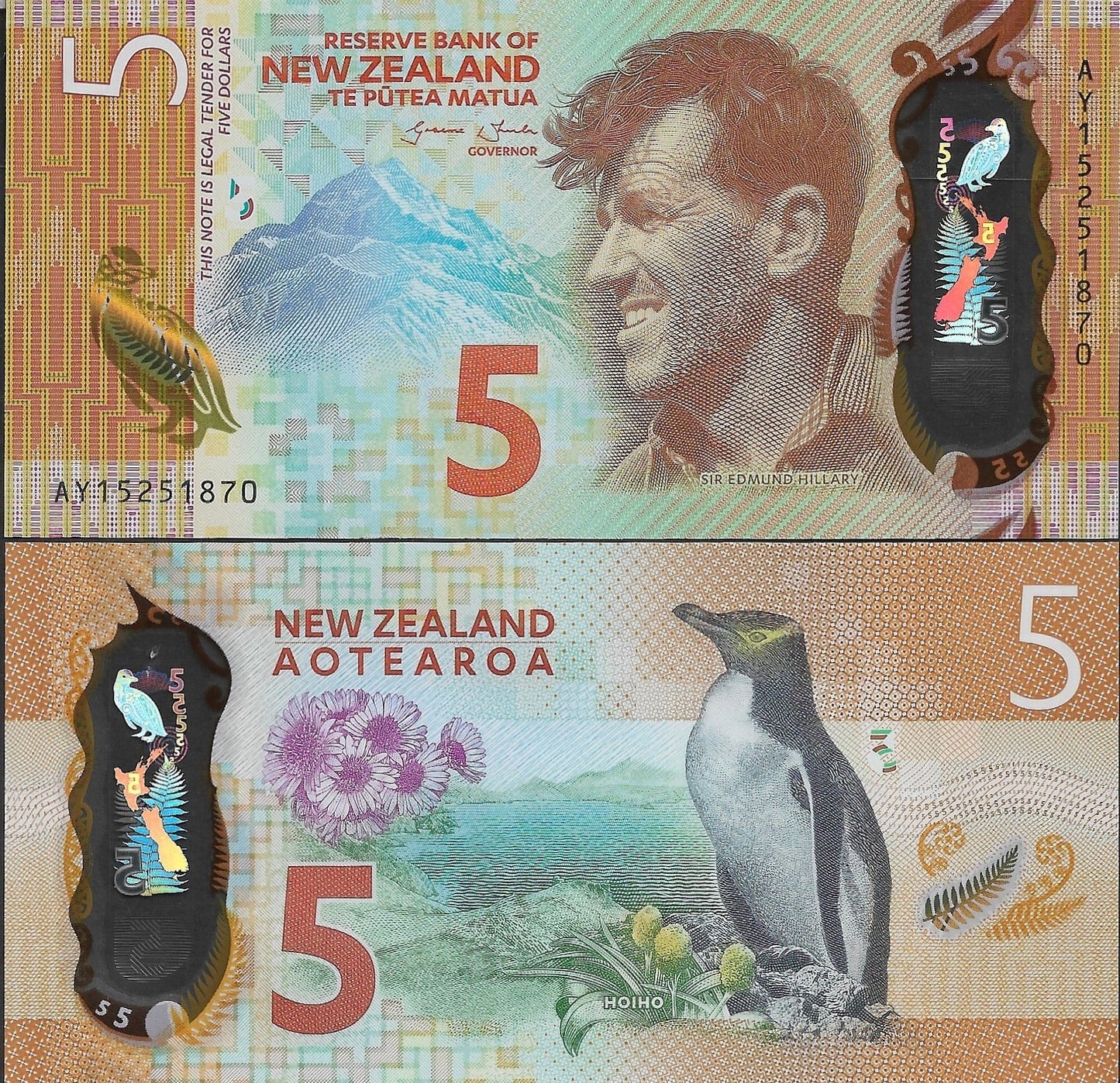 New Zealand 5 Dollars 2015 P 191 Polymer UNC