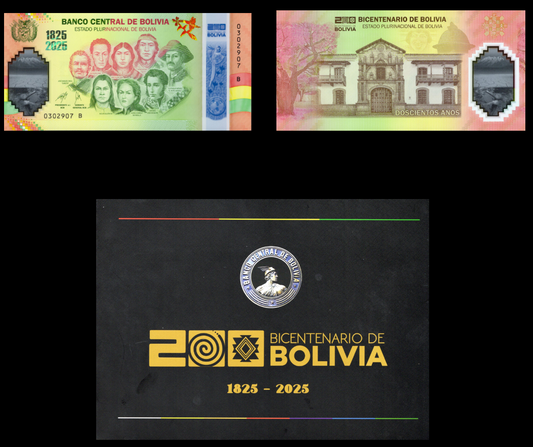 Bolivia 1825-2025 200 Anniversary Polymer UNC Commemorative With Folder