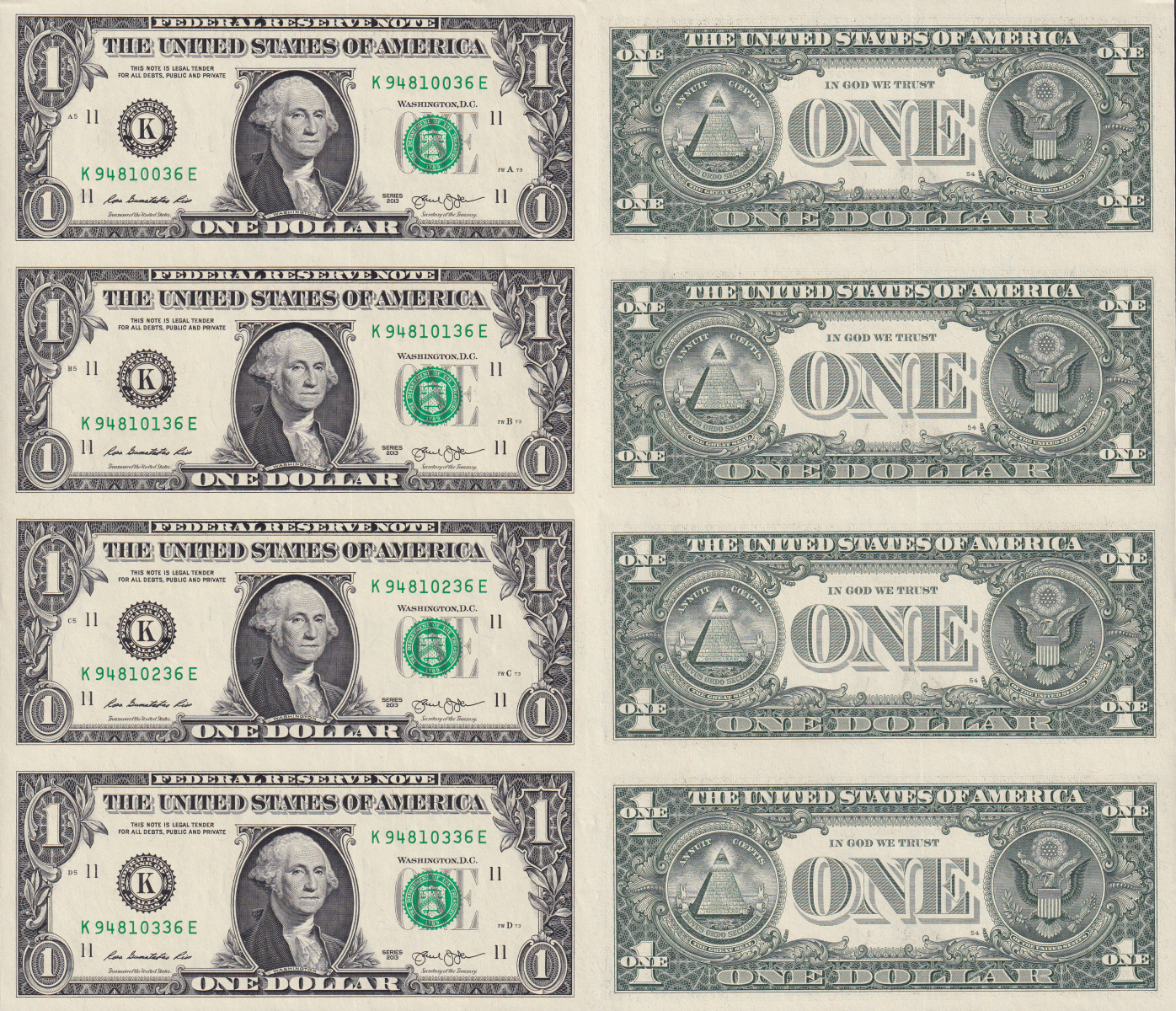 United States USA 1 Dollar 2013 P 537 "K" Dallars TX UNC UNCUT 4 IN 1