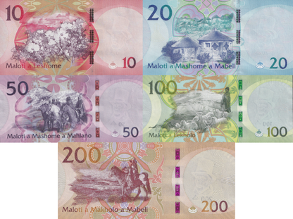 Lesotho 10 20 50 100 200 Maloti 2021 P 26 27 28 29 30 UNC Set 5 pcs