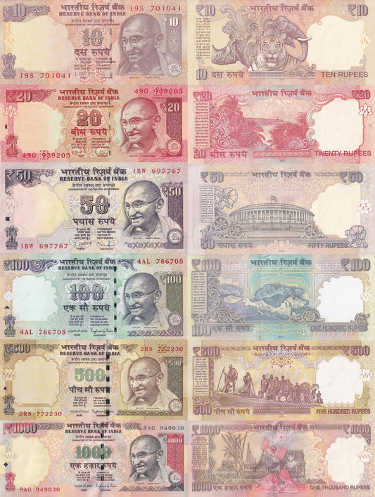 India 10-1000 Rupees 2012-2014 P 102e 103e 104 105 106 107j UNC Set 6 pcs