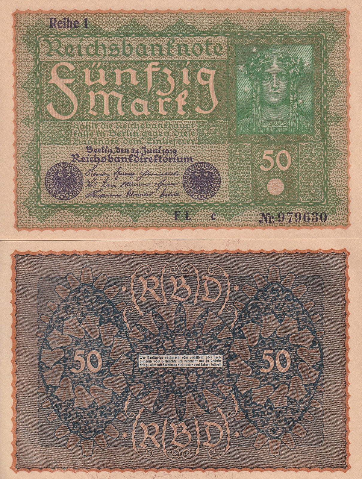 Germany 50 Mark 1919 P 66 UNC W/handing 