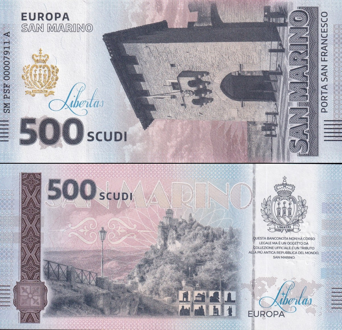 San Marino Republic 500 Scudi Porta San Francesco UNC Commemorative Test Note