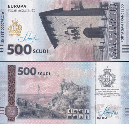 San Marino Republic 500 Scudi Porta San Francesco UNC Commemorative Test Note