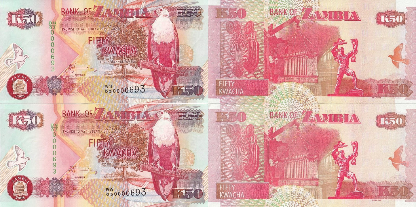 Zambia 50 Kwacha 2008 P 37g UNC Set 2 pcs Matching No.