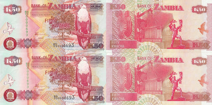 Zambia 50 Kwacha 2008 P 37g UNC Set 2 pcs Matching No.