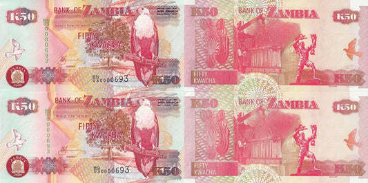 Zambia 50 Kwacha 2008 P 37g UNC Set 2 pcs Matching No.