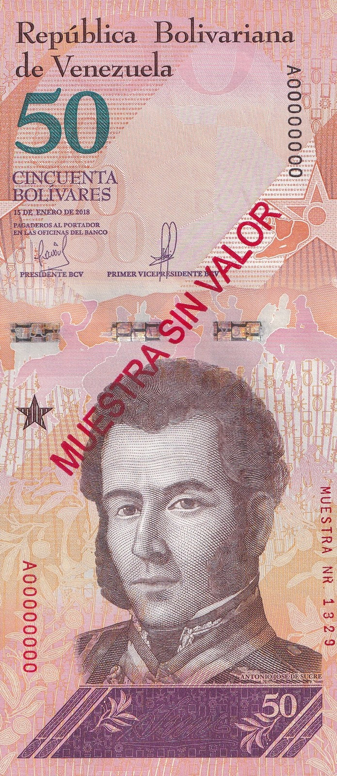 Venezuela 50 Bolivars 2018 P 105 UNC SPECIMEN