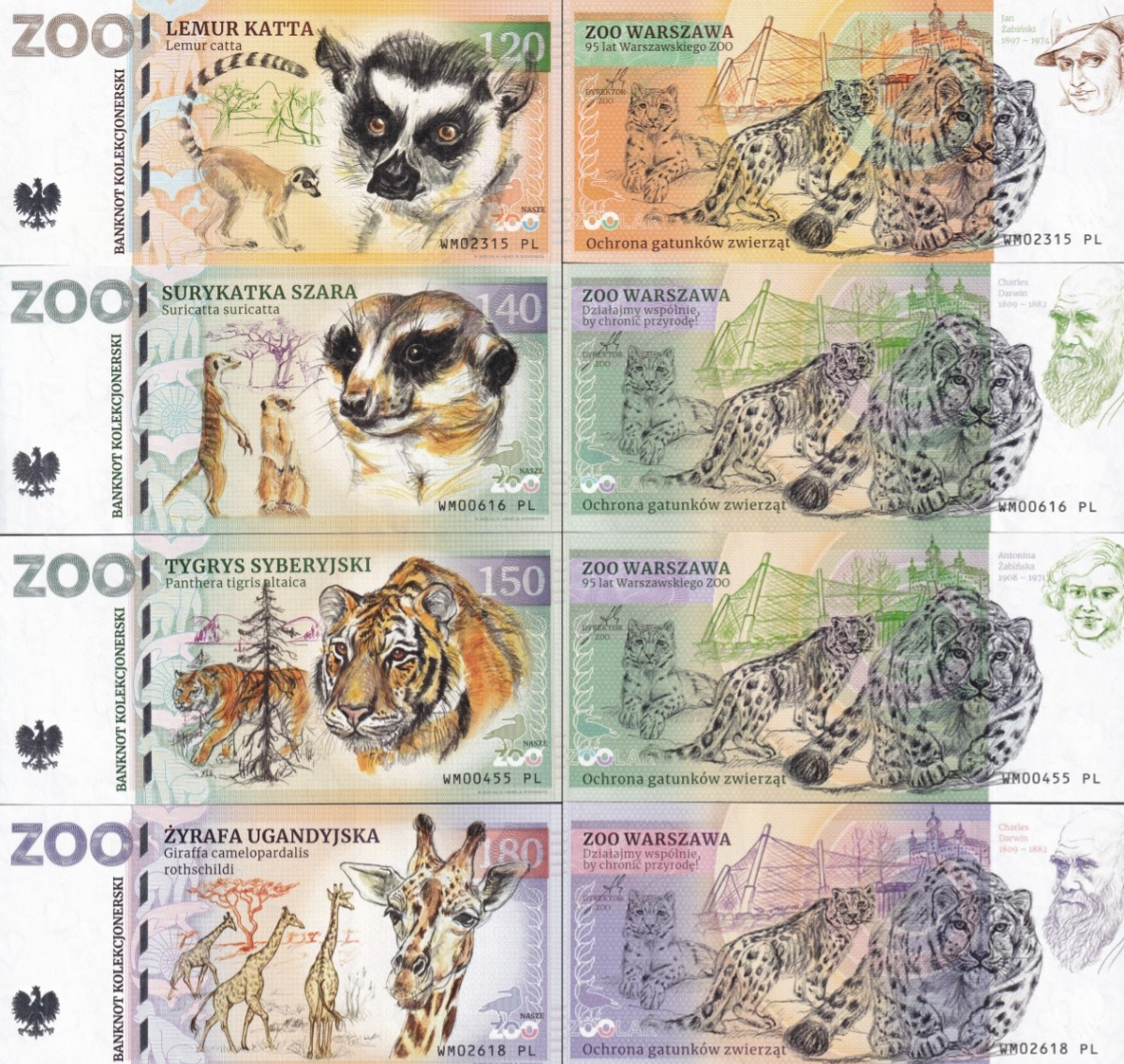 Poland TEST NOTE Zoo Cllector Banknote Lemur Meerkat Tiger Giraffe UNC Set 4 p