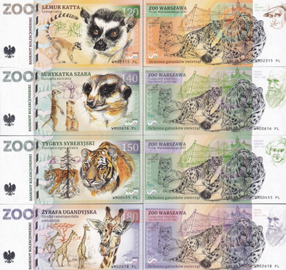 Poland TEST NOTE Zoo Cllector Banknote Lemur Meerkat Tiger Giraffe UNC Set 4 p