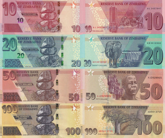 Zimbabwe 10 20 50 100 Dollars 2020 P 103 104 105 106 UNC Set of 4 pcs