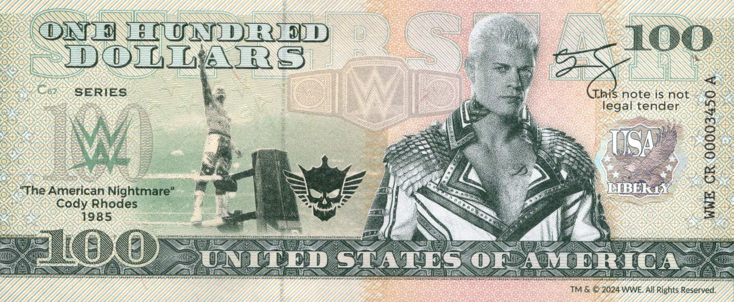 USA Cody Rhodes American Nightmare  100 $ WWE TEST NOTE 2024 UNC