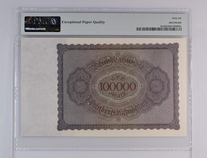 Germany Republic Treasury Note 100000 Mark 1923 P 83a UNC PMG 66 EPQ 2nd TOP POP
