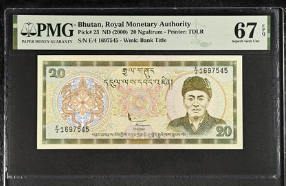 Bhutan 20 Ngultrum ND (2000) P 23 UNC PMG 67 EPQ 3rd TOP POP