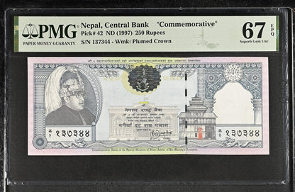 Nepal Commemorative 250 Rupees 1997 P 42 UNC PMG 67 EPQ 2nd TOP POP