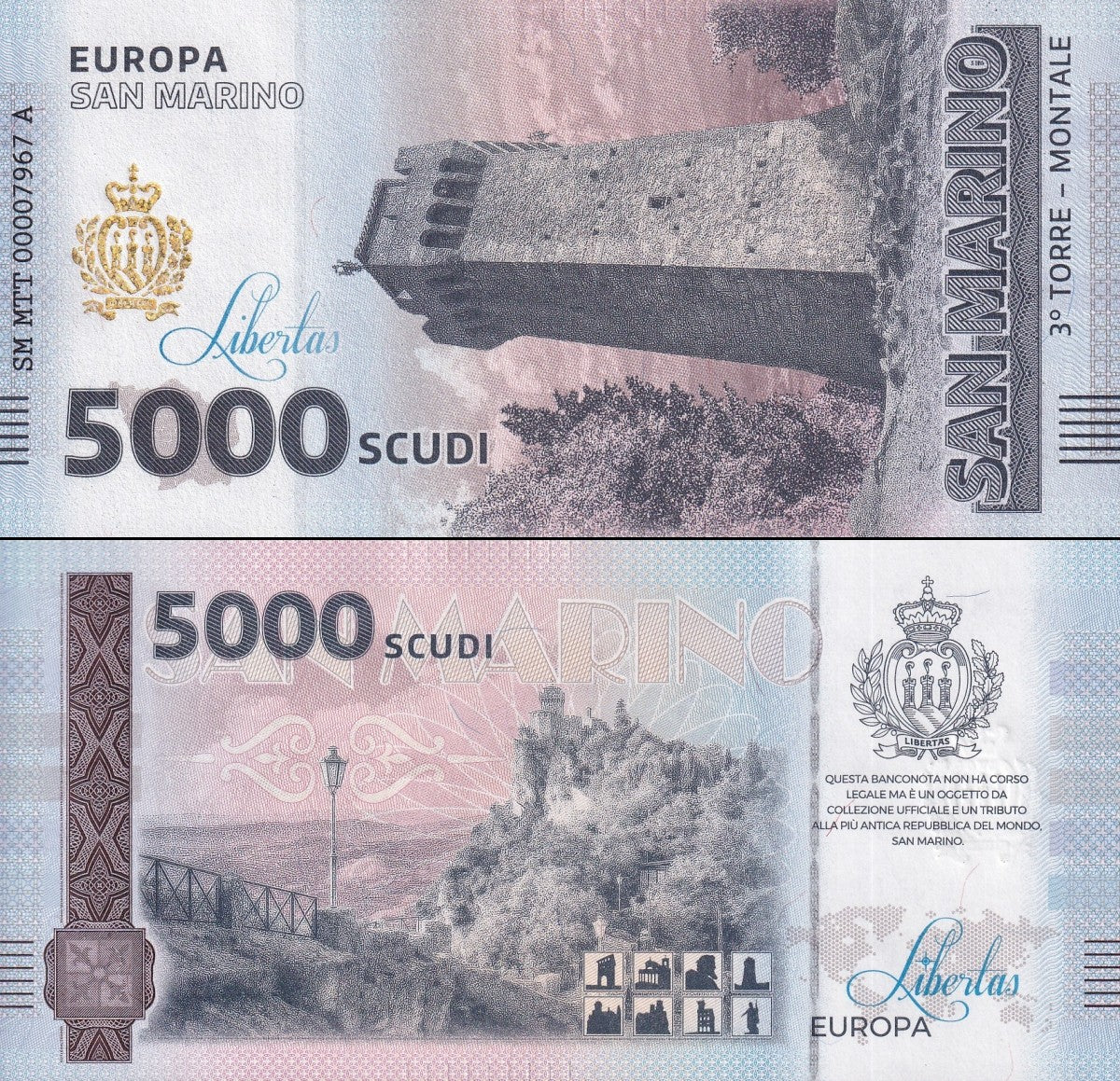 San Marino Republic 5000 Scudi 3 Torre Montale UNC Commemorative Test Note